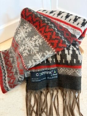 V. Fraas Cashmink Nordic Pattern Scarf in Gray, Red, Brown